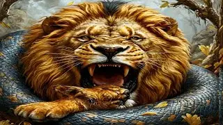 The fight between a snake and a lion 🦁 The snake is wrapped around the lion's neck #lion #animals
