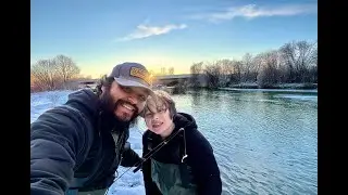 Teaching my son to wade and fish in the winter.