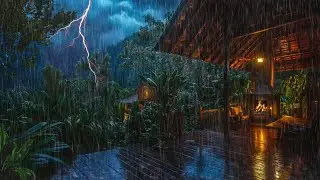 Falling Asleep on a Cabin Porch During Forest Rain | Fireplace & Night Nature Calm