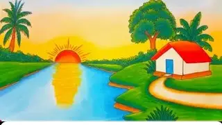 How to Draw a Village House & River at Sunset/Sunrise | Step by Step Scenery Drawing
