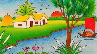 Colourful Village Landscape Drawing Tutorial &ndash; Class 6 Art Project
