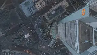 High angle aerial perspective looking down Commerzbank Tower skyscraper in Frankfurt financial