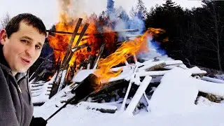 Разжигание большого костра в амбаре с помощью огнеметов