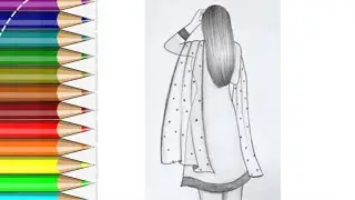 Girl drawing having long hair drawing ,painting ,colouring for kids and toddlers. 