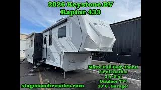 2026 KEYSTONE RV RAPTOR 433 WALKTHROUGH! MATTE WHITE FULL BODY PAINT! 2 FULL BATHS! 13' 6