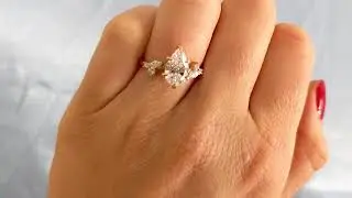 Tear Drop Lab Diamond Ring, 14K Rose Gold Pear Engagement Ring, Art Nouveau Promise Ring