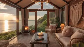 🌅 COZY SUNSET IN A CLIFF CABIN ABOVE THE OCEAN | Crackling fire, sound of waves | RELAXATION ASMR