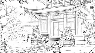 Coloring A magnificent Japanese temple with lion and flower statues