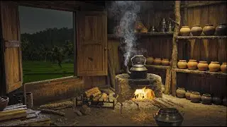 Heavy Rain & Crackling Fireplace in Traditional Village Kitchen 🌧️🔥 Deep Sleep Ambience (Java)