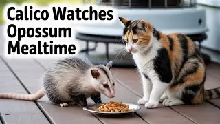 Cat Observes Opossum Peacefully Sharing Her Dinner 🐈 #feralcat #opossumbaby