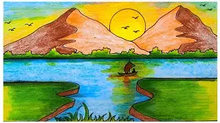পাহাড় সহ দৃশ্য অংকন || Draw A Beautiful Sunrise Scenery With Color Pencil. #art #scenery #ytvideo 