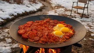 Snowy Village Morning | Traditional Iranian Fire Breakfast (No Talking) 🔥🍳❄️🏕️