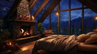 Nighttime Thunderstorm Haven - Fireside Comfort with Rain, Fireplace and Sleeping Cat