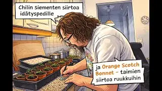 Lemon drop-chilien siementen siirtoa idätyspedille ja Scotch Bonnet-chilien siirtoa ruukkuihin.