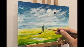painting of a boy flying a kite \ Art Acrylic