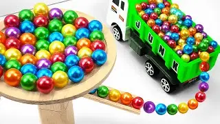 Marble Run Race ☆ HABA Slope&Retro Makita Truck, Excavator, Garbage Truck, Dump Truck,Ambulances#118