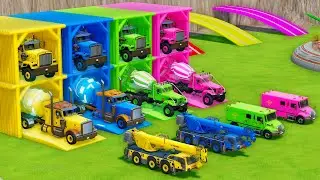 Garage with Colors - ALL MIXER TRUCK WITH DOUBLE FLATBED TRAILER TRUCK, PETERBILT, KRAZ, TEREX, MAN