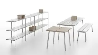 Industrial Facility designs collection of plank-topped tables for Emeco