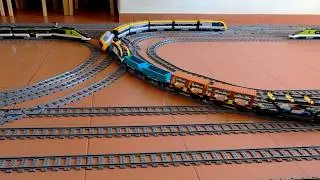 Long Lego trains simultaneously on 6 tracks | 2x Lego 60470, 2x 60197, 2x 60198, 2x 60336, 4x 60337