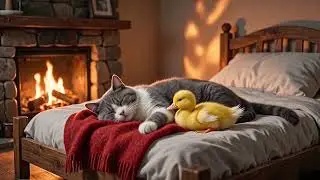10 hours White noise for sleep and relaxation. A lovely cat and duck sleeping next to a fireplace.
