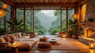 Cozy Forest Living Room Ambience 🌧️☕ Gentle Rain & Jazz for Study, Work and Relaxation