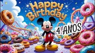 Parab&eacute;ns pra Voc&ecirc; com Mickey e o Bolo de Donuts! 🎂🍩 4 Anos de Magia e Divers&atilde;o!
