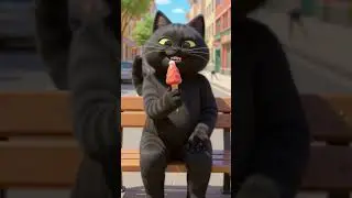 The happy cat eats ice cream!