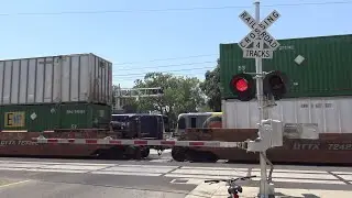 UP 5366 ZLCBR Intermodal North and SACRT Light Rail Past S St Railroad Crossing, Sacramento CA