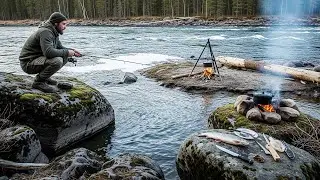 A day of survival on the river, fishing from rocks and cooking on the spot