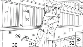 Coloring Games : Lovers embrace lovingly on the train platform at night before parting.
