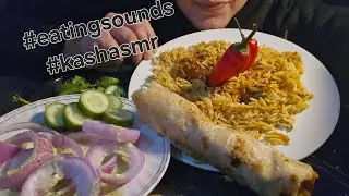 Eating Hyderabadi Chicken dum briyani ,chicken keema roll ,and salad 