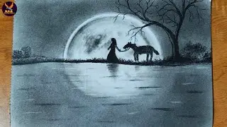 Moonlight pencil drawing🌕/girl with horse under moon pencil drawing 