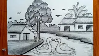 Easy Village Scenery Drawing Step By Step | Swan Drawing With Pencil Sketch | Nature Drawing 