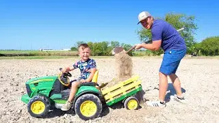 Playing in the dirt with tractors | Toy and real tractors on the farm for kids