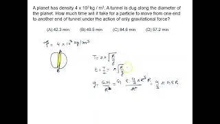 A planet has density 4 x 103 kg / m3. A tunnel is dug along the diameter of the planet. How much tim