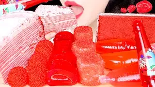 Красные десерты ASMR, желе TIKTOK, клубничный блинчик, твист энд напиток, MUKBANG, звуки еды.