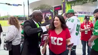 Kaplan Mobray interviews fans at Super Bowl LIX in New Orleans, Louisiana