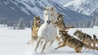 White Arabian Horse Chased by Valley Coyote in the Snowy Grasslands &ndash; Intense Wild Chase
