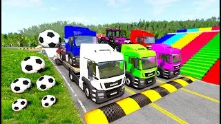 Triple Flatbed Trailer McQueen Transportation with Truck - Speedbumps vs Cars vs Train - BeamNG #05