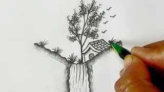 How to Easydraw a Waterfall & 🛖 Huts drawing #Waterfall #easydrawing #design #sketch #shorts #viral 