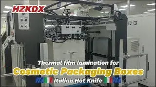 Heavy duty thermal film laminator KMY doing cosmetic packaging job. Italian hot knife plastificadora