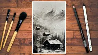 Realistic Snowy Mountain Cabin Drawing | Charcoal Landscape Art