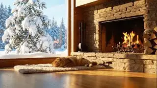 Cozy Winter Morning Fireplace in 8K ❄️🔥 | Sleeping Cat, Falling Snow & Crackling Fire Sounds