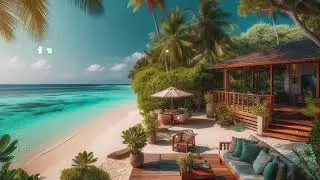 A quiet beach with clear turquoise waters, peaceful music, soothing piano music, healing music