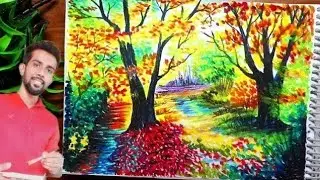 canvas landscape drawing with oil pastel   Village Scenery   beautiful Indian village drawing