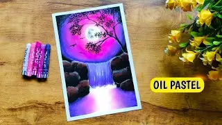 Easy Moonlight Waterfall Scenery Drawing For Beginners With Oil Pastel - Step by Step