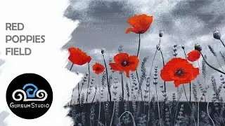 Black and White Landscape | Acrylic Painting Red Poppies Flower Field | Step by Step Tutorial #53