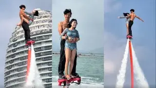 Flyboard ride is so fun😝💃#2214 💦Woman enjoying fly on water #extremesports  #flyboard  
