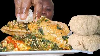 African food mukbang oatmeal fufu and okra soup with Turkey and fish 