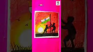 Two Children Hoisting National Flag🇮🇳Sunset Scenery🌄🙋&zwj;♂️|oil pastel art🔥#drawing #shortsfeed #shorts